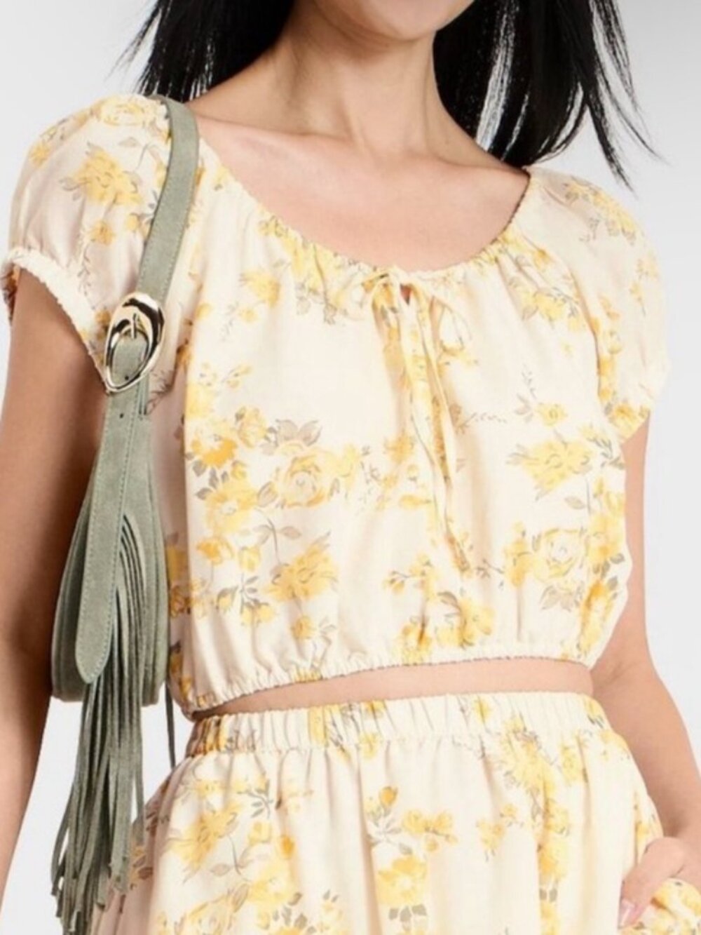 Beautiful Yellow & Green Floral Peasant Cropped Top